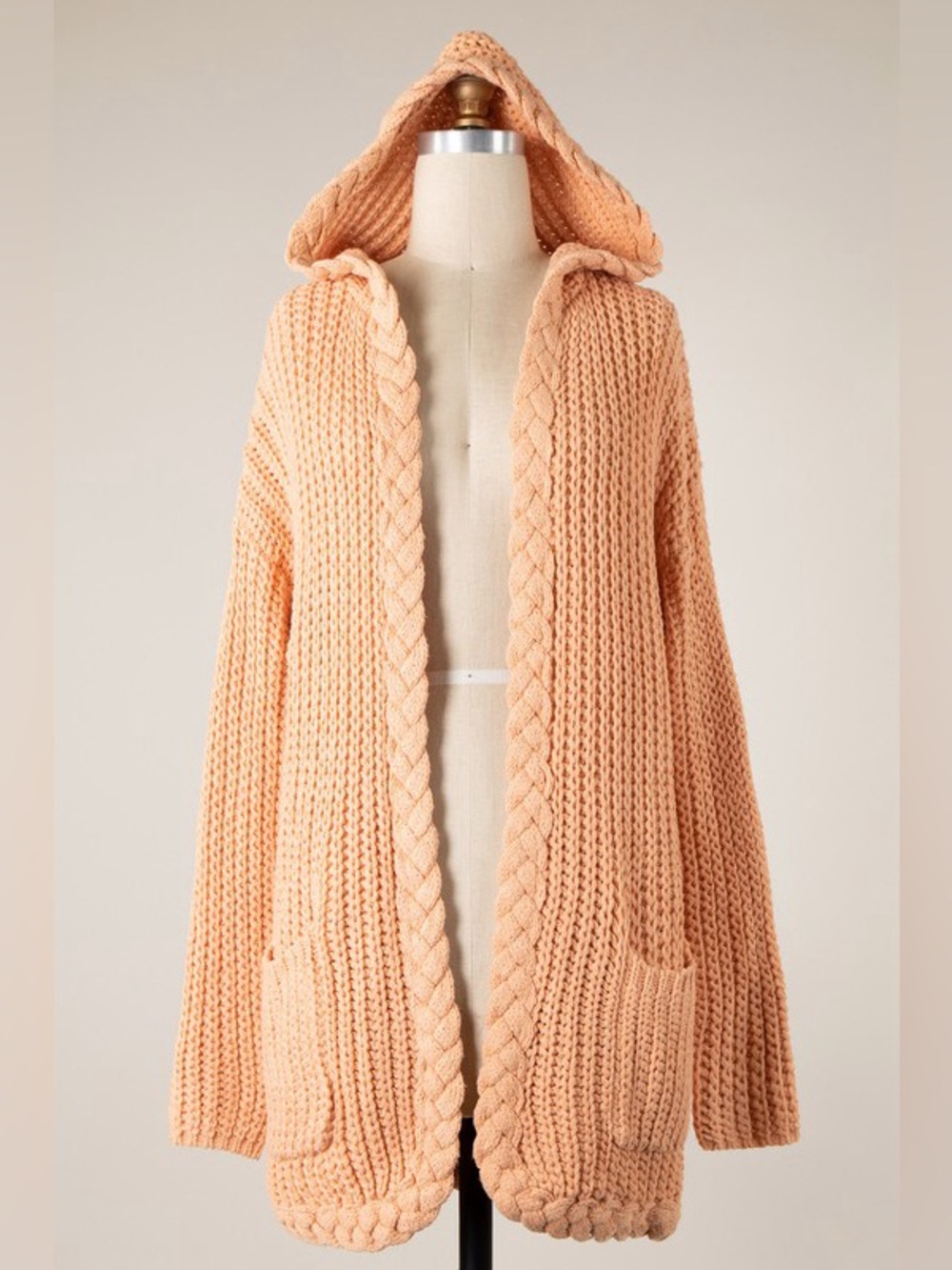 Cable Knit Hooded Cardigan with Braid Trim & Pockets – Peach - Picture 4 of 7